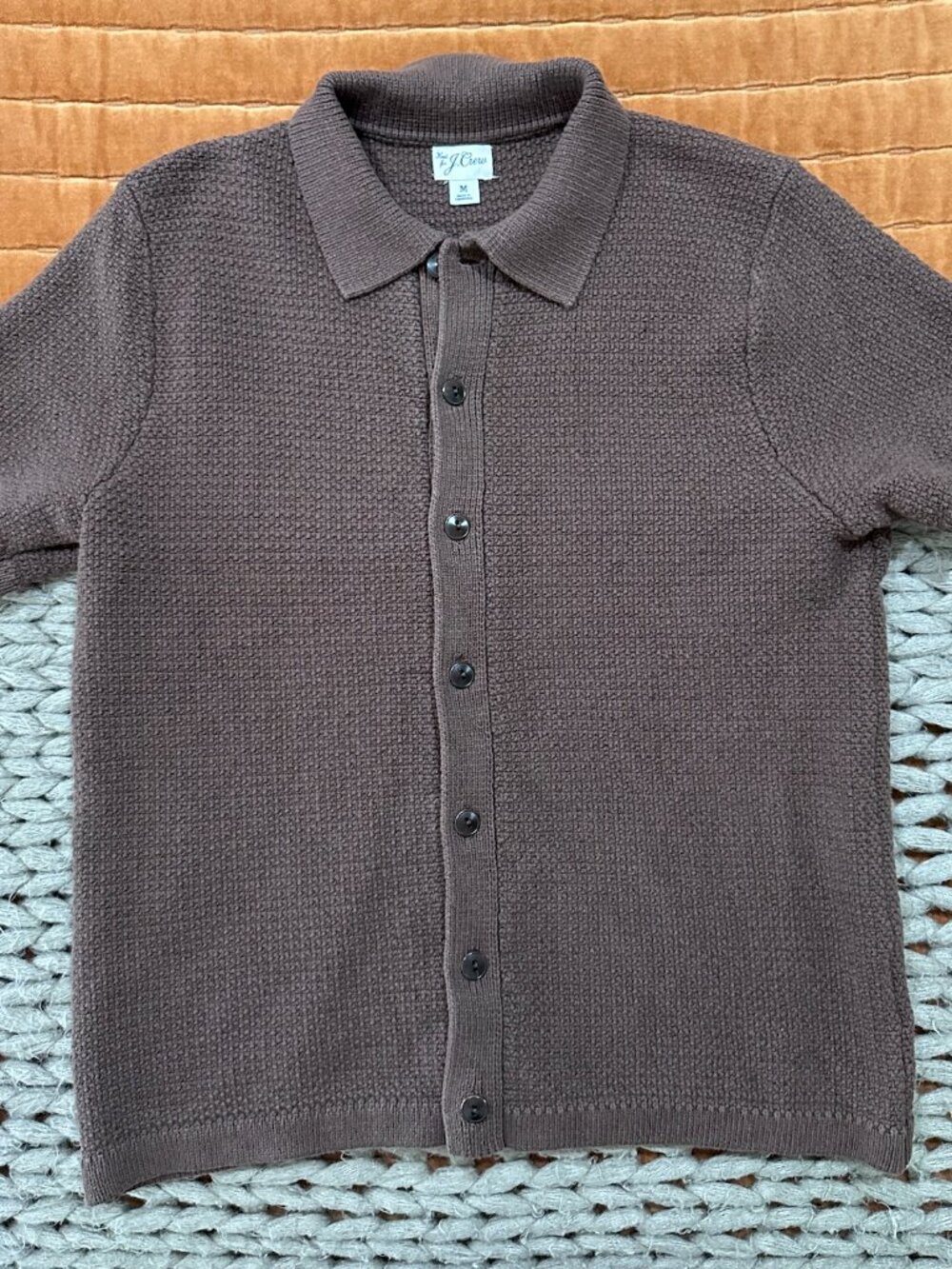 J.Crew Brown Textured Knit Short Sleeve Polo Cardigan Men’s Medium